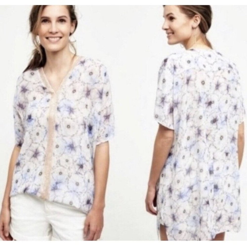 Anthropologie One September Lyla Flower Print Sequined Tunic Top Blouse Size XS